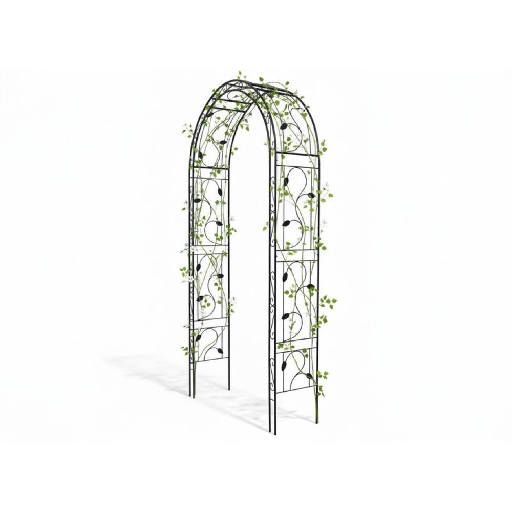 Czarna stalowa pergola ogrodowa Garden Line 130 x 39 x 260 cm z pnączem, na białym tle