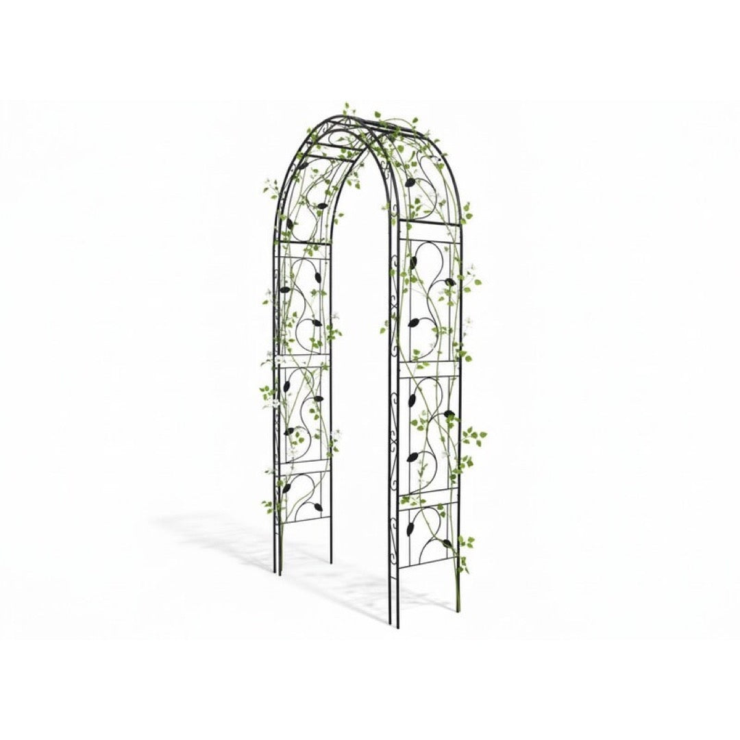 Czarna stalowa pergola ogrodowa Garden Line 130 x 39 x 260 cm z pnączem, na białym tle