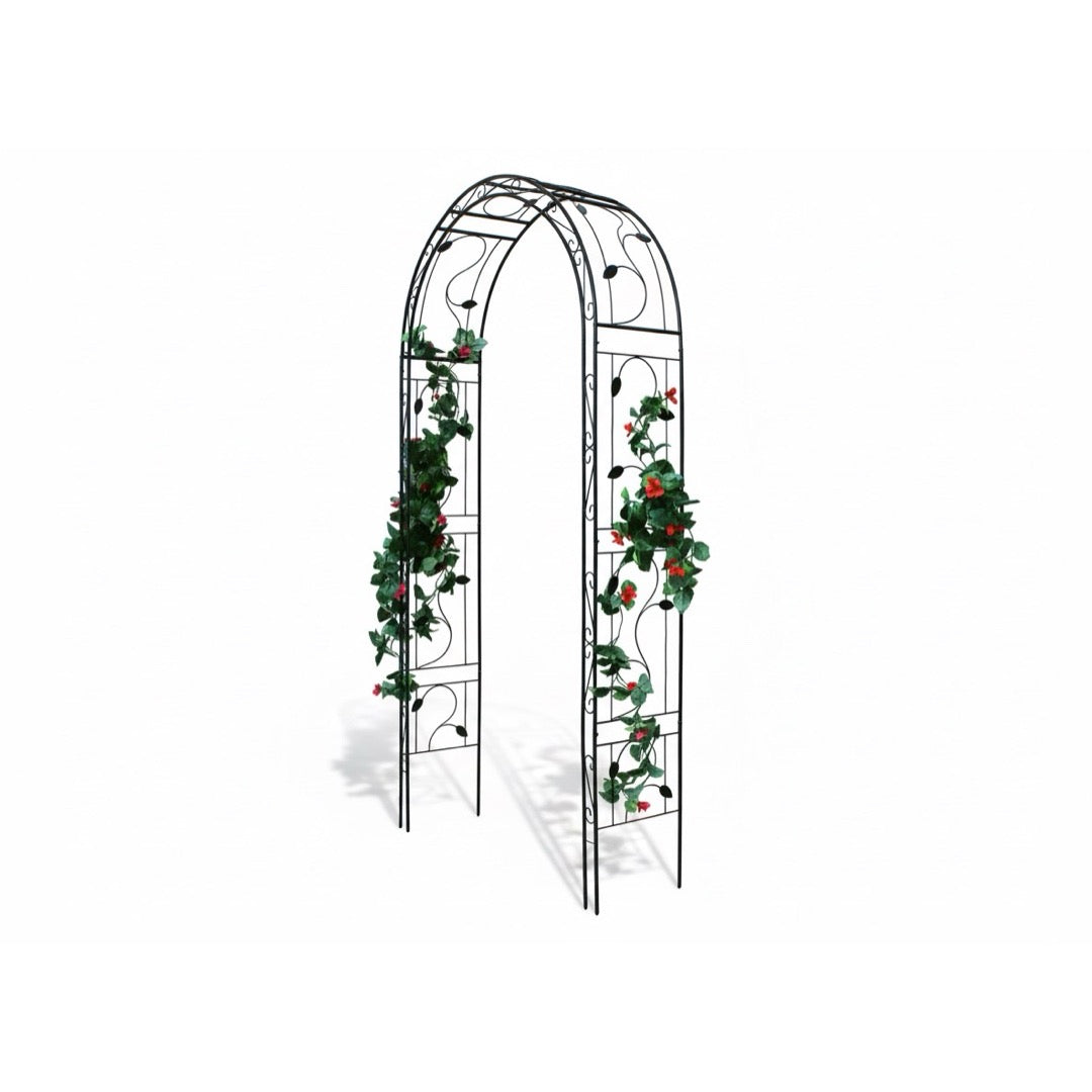 Stalowa pergola ogrodowa Garden Line 130 x 39 x 260 cm z czerwonymi kwiatami, widok z boku