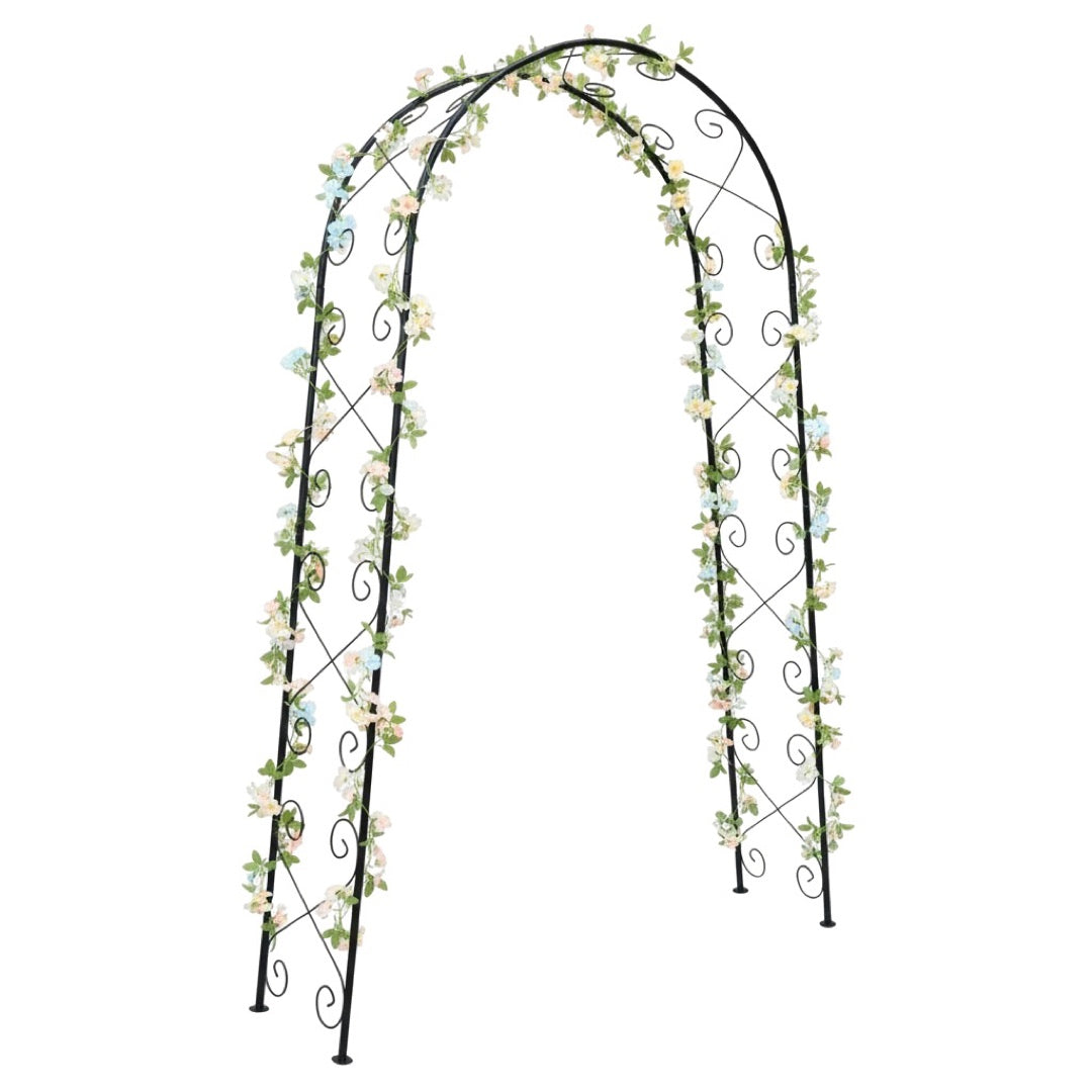 Pergola ogrodowa Garden Line 110 x 39 x 230 cm ozdobiona kwiatami, na białym tle