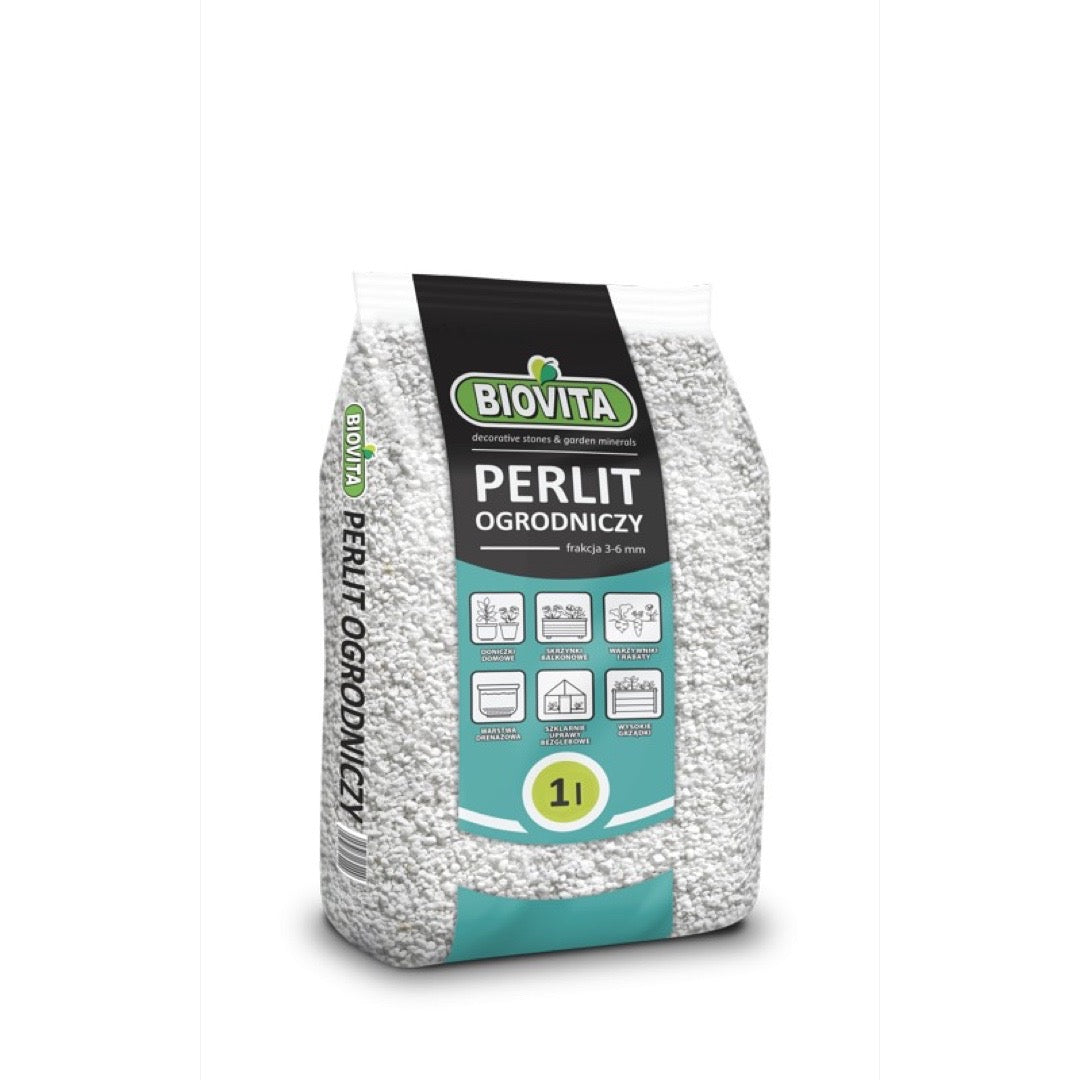 Worek perlitu ogrodniczego Biovita 1 l z napisem frakcja 3-6 mm na białym tle