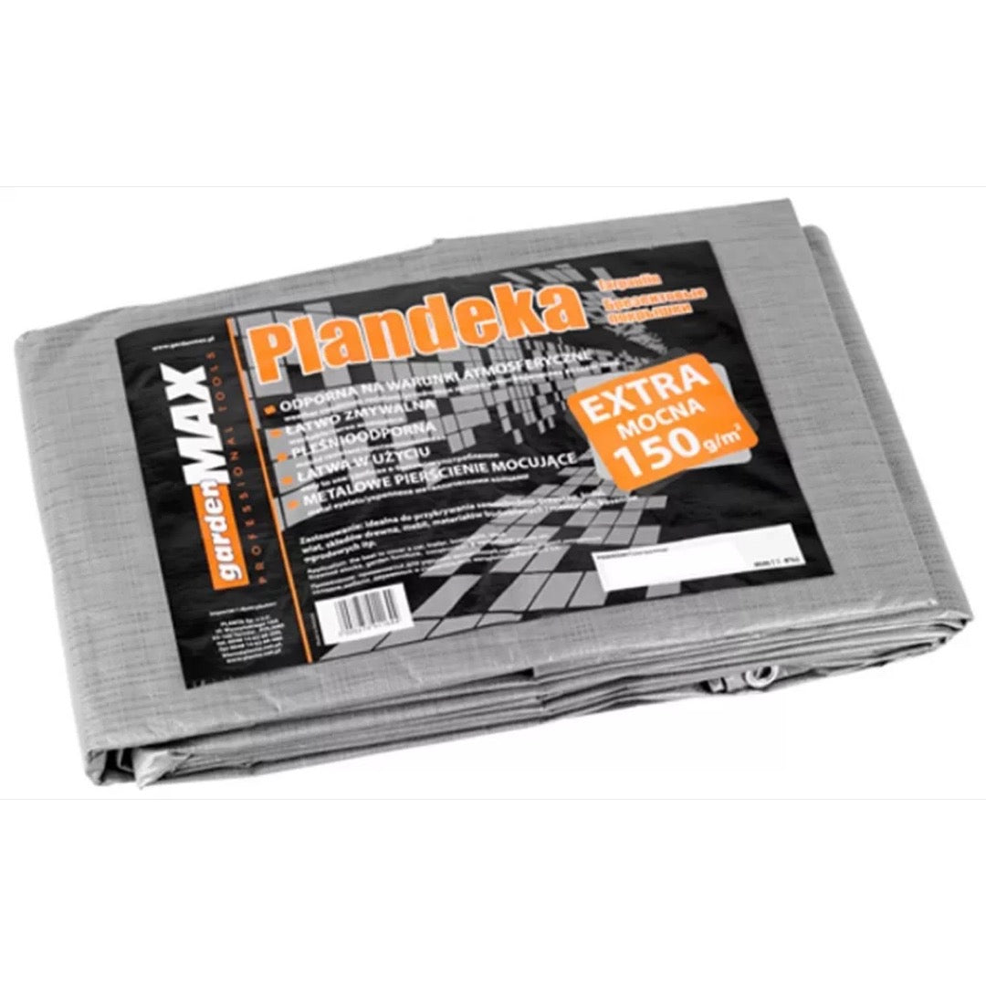 Złożona srebrna plandeka gardenMAX Extra mocna 150 g/m2 z etykietą producenta