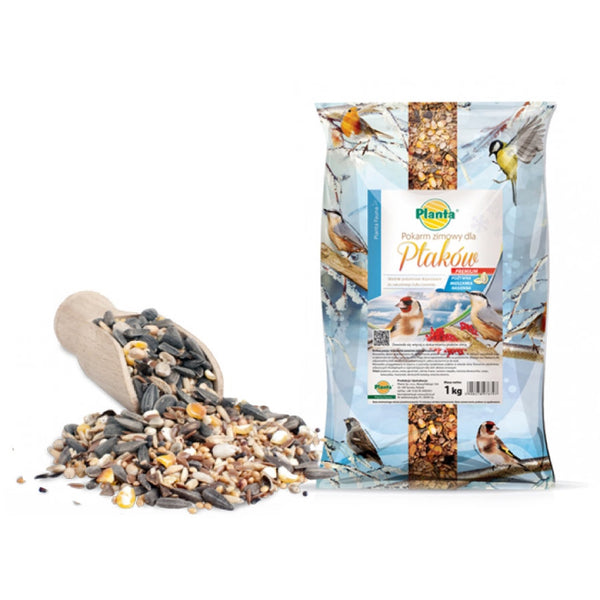 Torba 1 kg pokarmu zimowego dla ptaków Premium Planta Fauna i łyżka z mieszanką ziaren