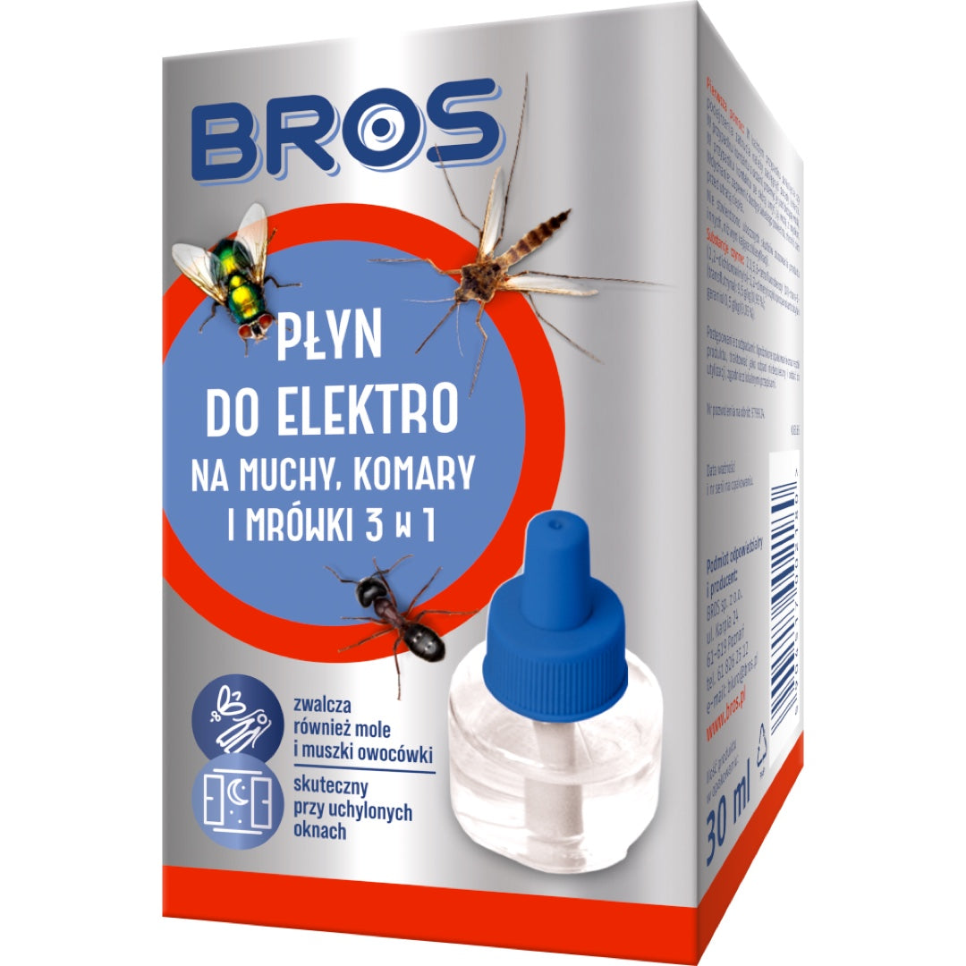 Butelka płynu do elektrofumigatora Bros 3w1 na muchy, komary i mrówki, 30 ml