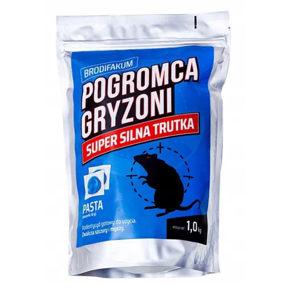 Opakowanie 1 kg trutki Pogromca Gryzoni w formie pasty w saszetkach, niebieska etykieta z napisem Brodifakum