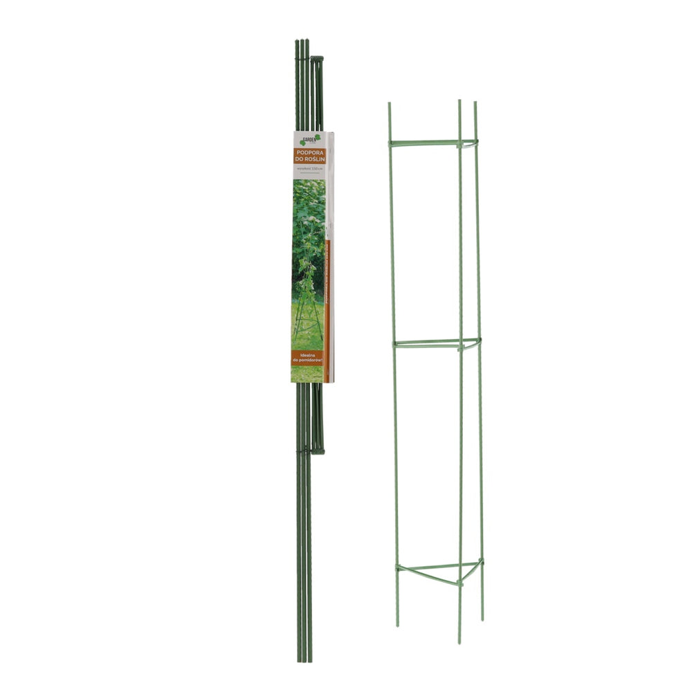 Podpora do pomidorów Garden Line z trzech tyczek 150 cm, opakowanie i rozłożony stelaż