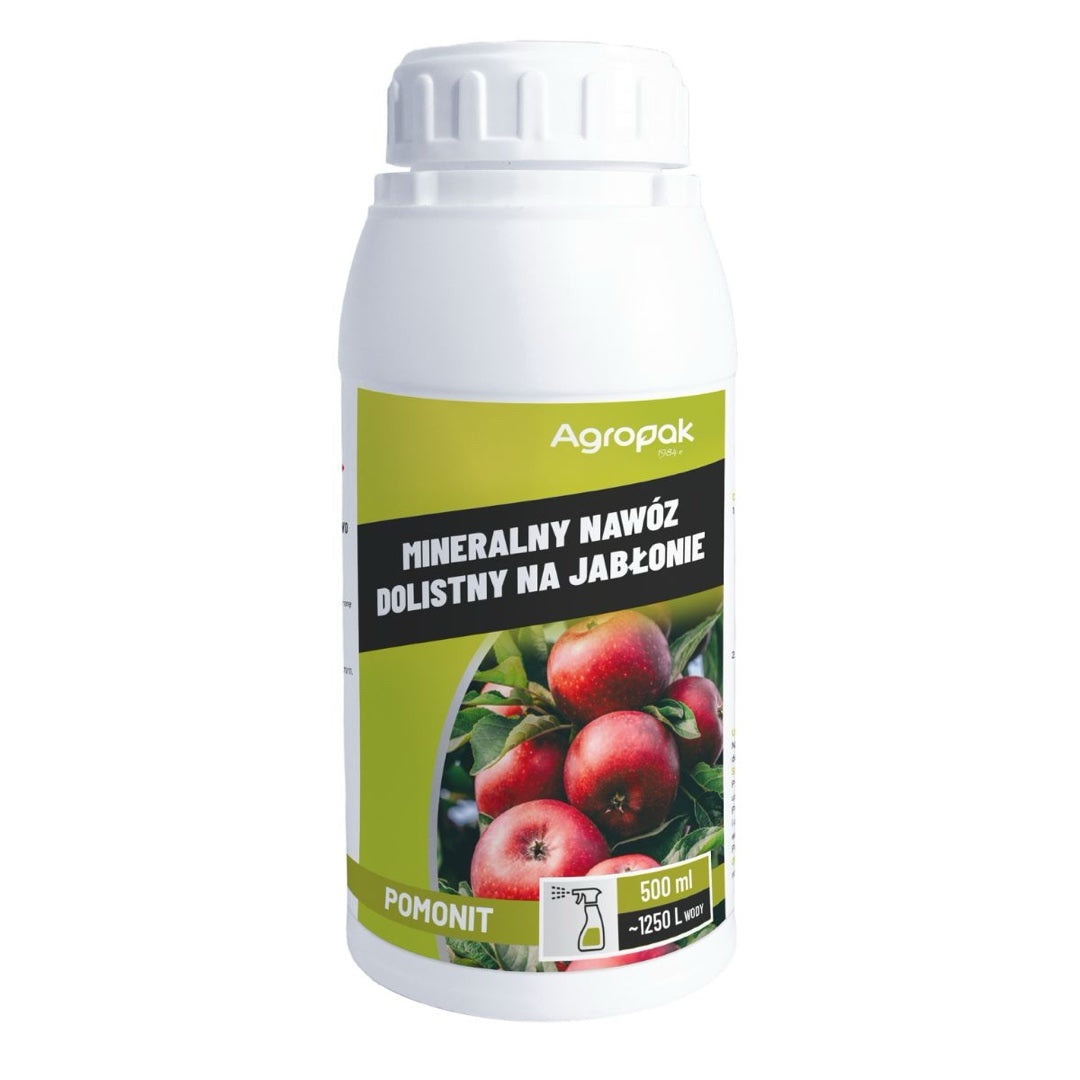 Butelka 0,5 l nawozu dolistnego Pomonit firmy Agropak do jabłoni