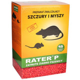 Czerwono-pomarańczowe opakowanie Rater P zatrute ziarno pszenicy z napisem Preparat zwalczający szczury i myszy