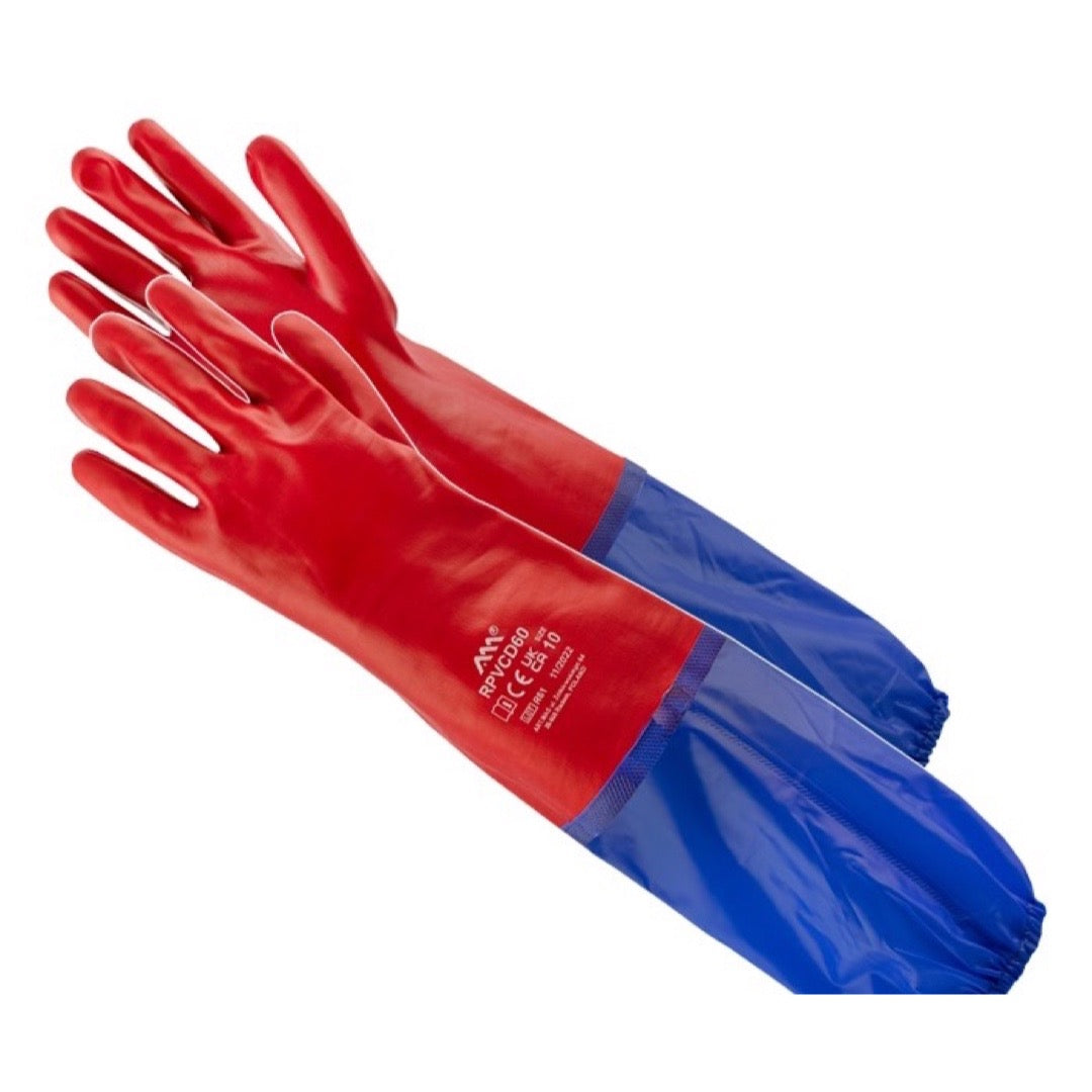 Czerwone rękawice PVC z długim niebieskim rękawem ART.MAS RPVCD60