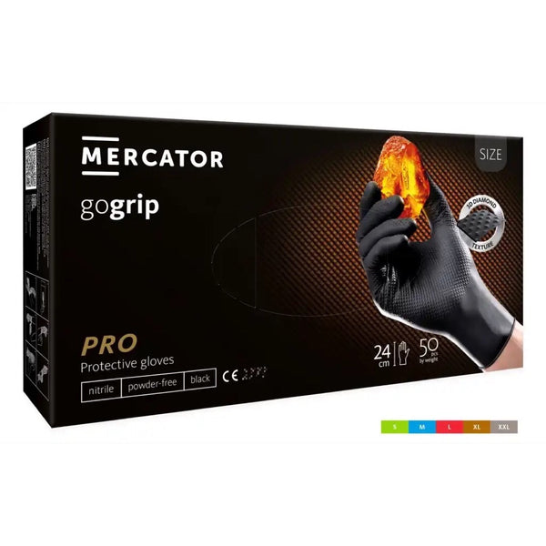 Opakowanie czarnych rękawic nitrylowych Mercator gogrip black, 50 sztuk
