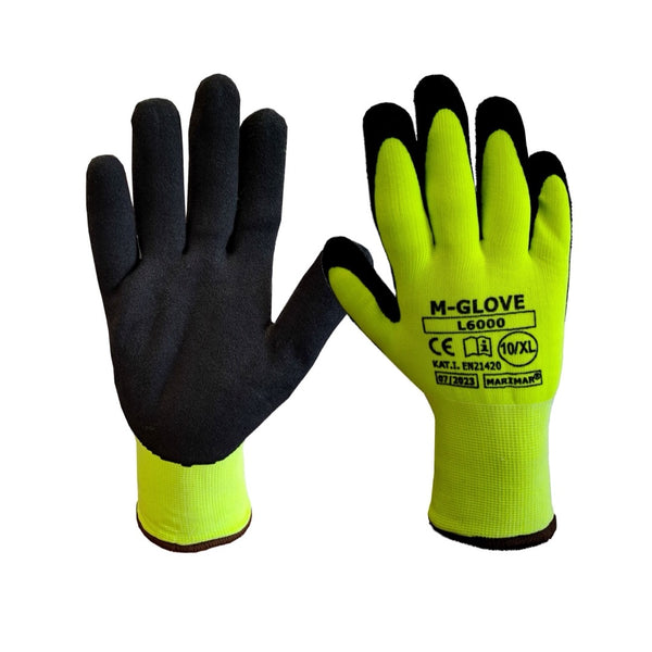 Ocieplane rękawice M-Glove L6000, fluorescencyjna żółta dzianina i czarna powłoka lateksowa