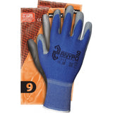 Niebiesko-szare rękawice Reis RNYPO z powłoką poliuretanową na tle opakowania Industrial Gloves