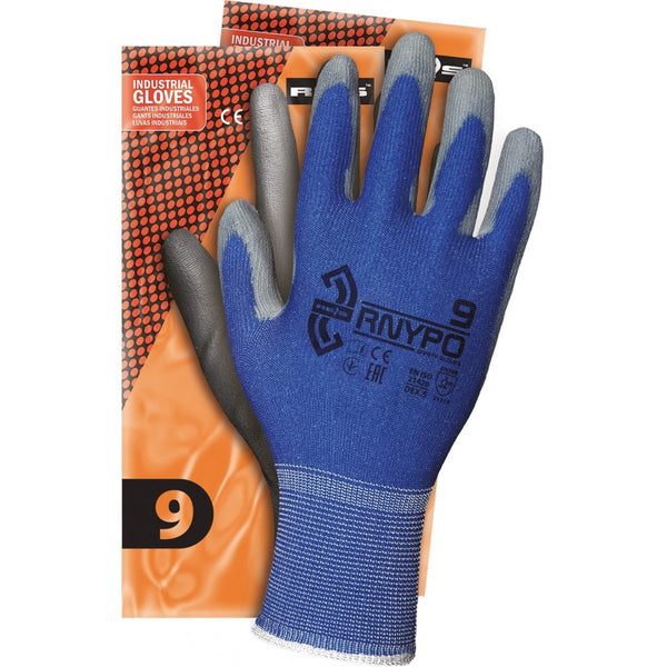Niebiesko-szare rękawice Reis RNYPO z powłoką poliuretanową na tle opakowania Industrial Gloves