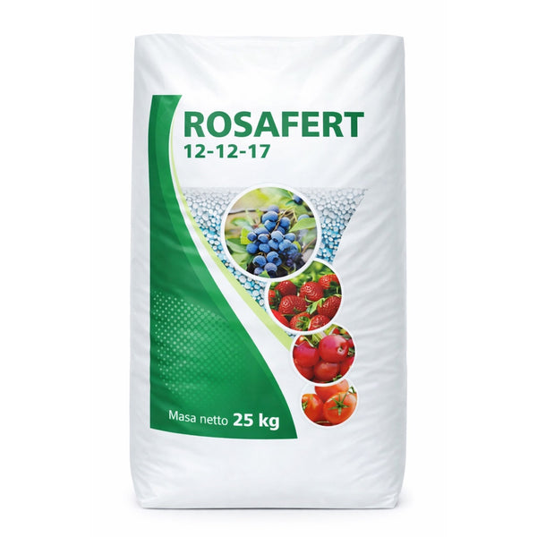 Worek 25 kg nawozu Rosafert 12-12-17 firmy Rosier z owocami na etykiecie