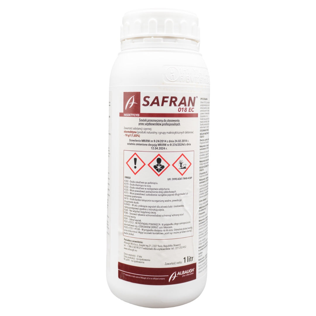 Butelka insektycydu Safran 018 EC firmy Albaugh z abamektyną (zdjęcie opakowania 1 l, poglądowe dla wersji 0,25 l)