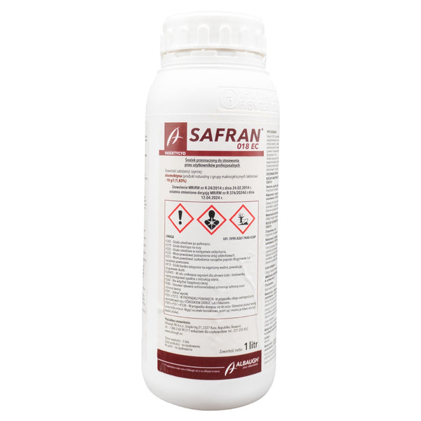 Butelka insektycydu Safran 018 EC firmy Albaugh z abamektyną (zdjęcie opakowania 1 l, poglądowe dla wersji 0,25 l)