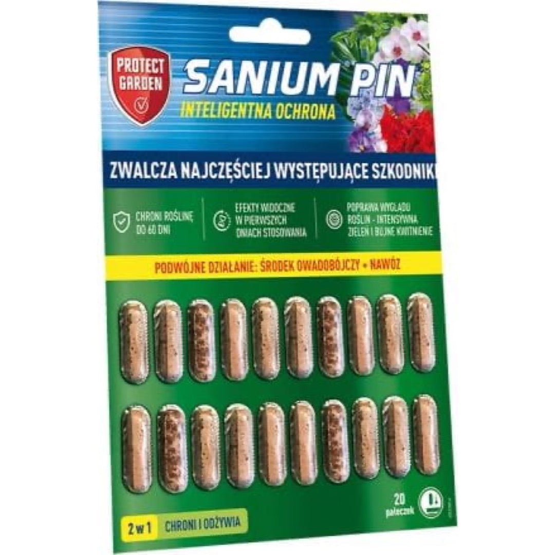 Blister z 20 pałeczkami owadobójczymi i nawozowymi Sanium Pin Protect Garden na białym tle