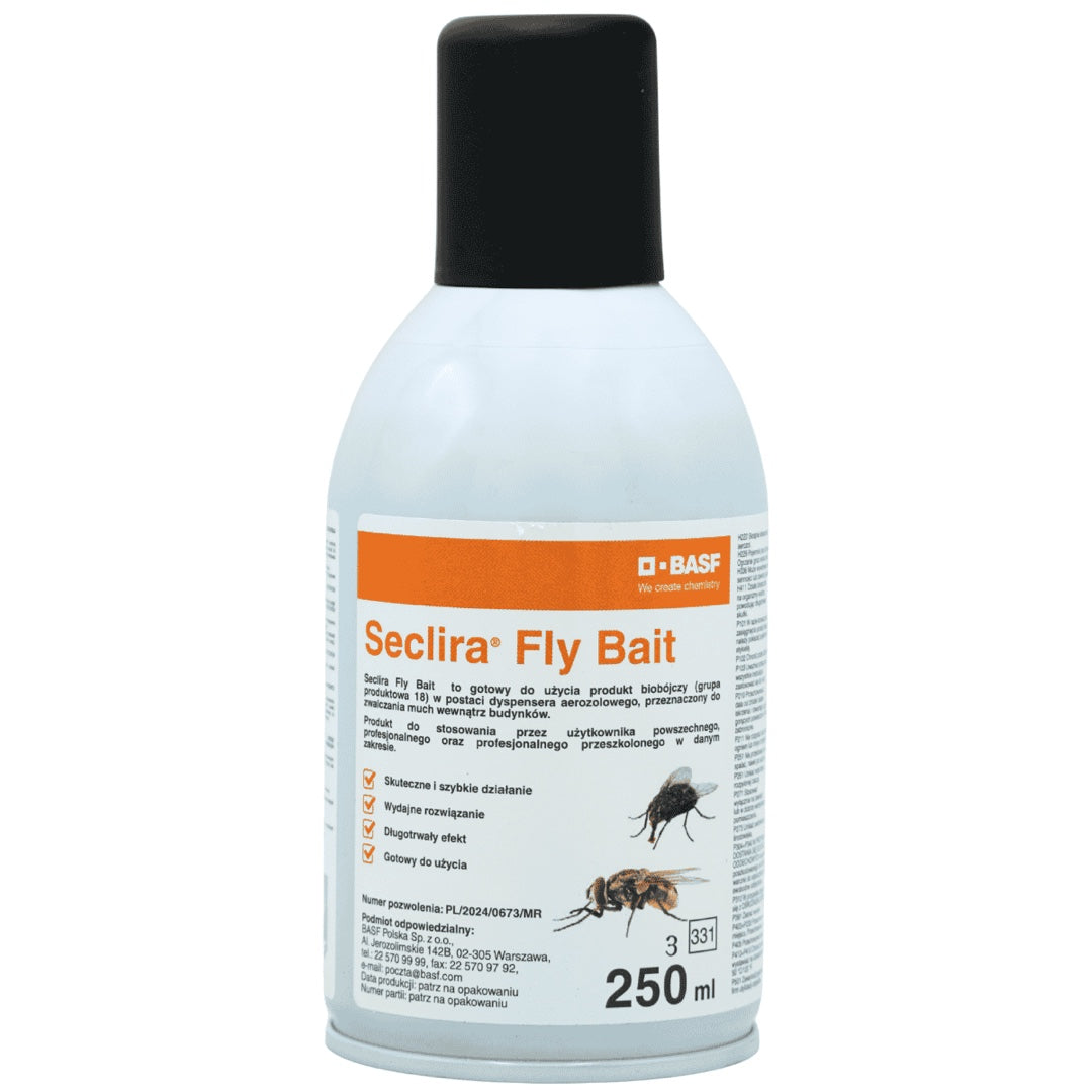 Aerozol Seclira Fly Bait 250 ml firmy BASF z czarną nakrętką i muchami na etykiecie