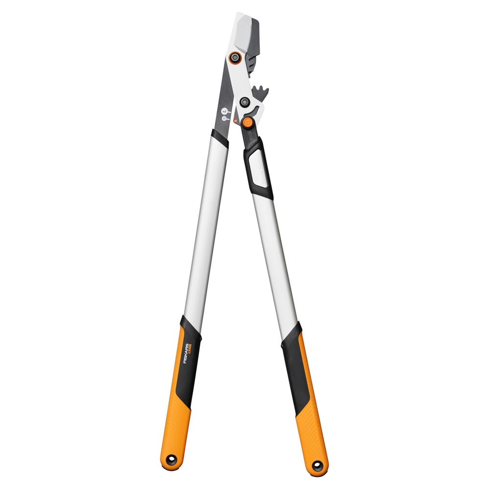 Sekator dźwigniowy dwuręczny DualAction LX108 Fiskars z aluminiowymi rączkami na białym tle