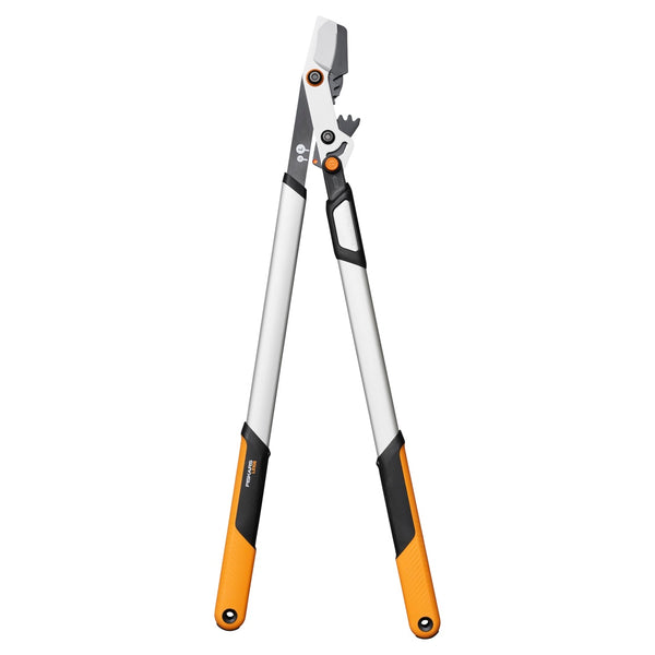 Sekator dźwigniowy dwuręczny DualAction LX108 Fiskars z aluminiowymi rączkami na białym tle