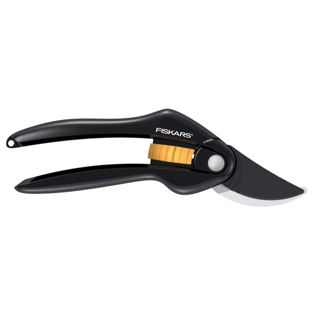 Sekator nożycowy P26 SingleStep Fiskars z czarnymi rączkami na białym tle