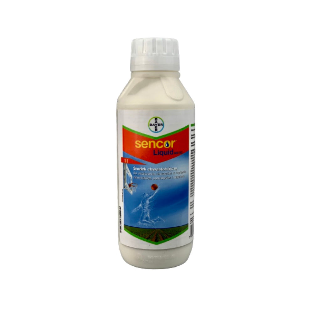 Butelka 1 l herbicydu Sencor Liquid 600 SC Bayer na białym tle