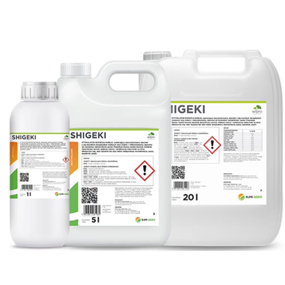 Opakowania 1 l, 5 l i 20 l biostymulatora Shigeki z ekstraktem z alg morskich firmy Sumi Agro