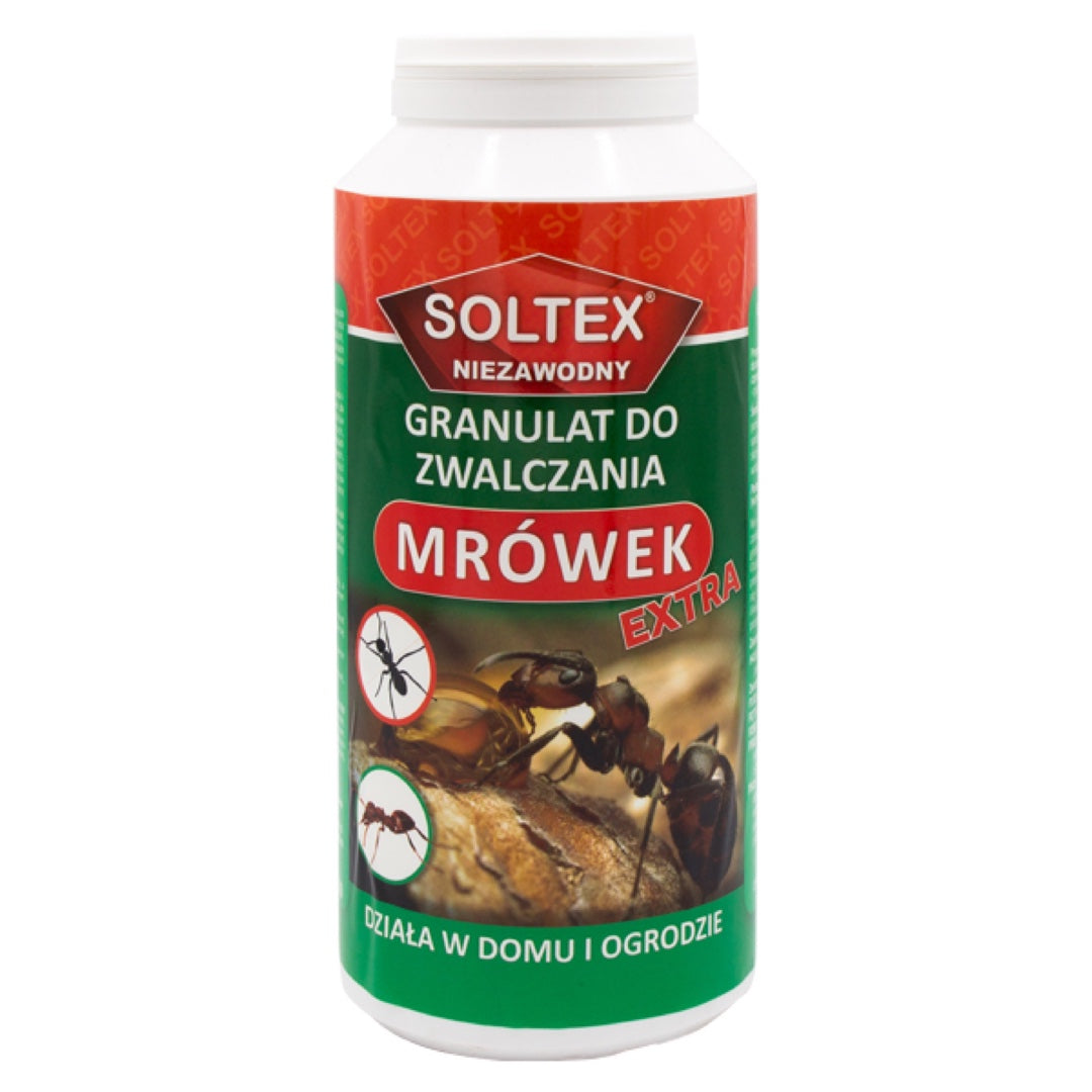 Pojemnik granulatu do zwalczania mrówek Soltex Extra o masie 1 kg, zielono-czerwona etykieta z mrówkami