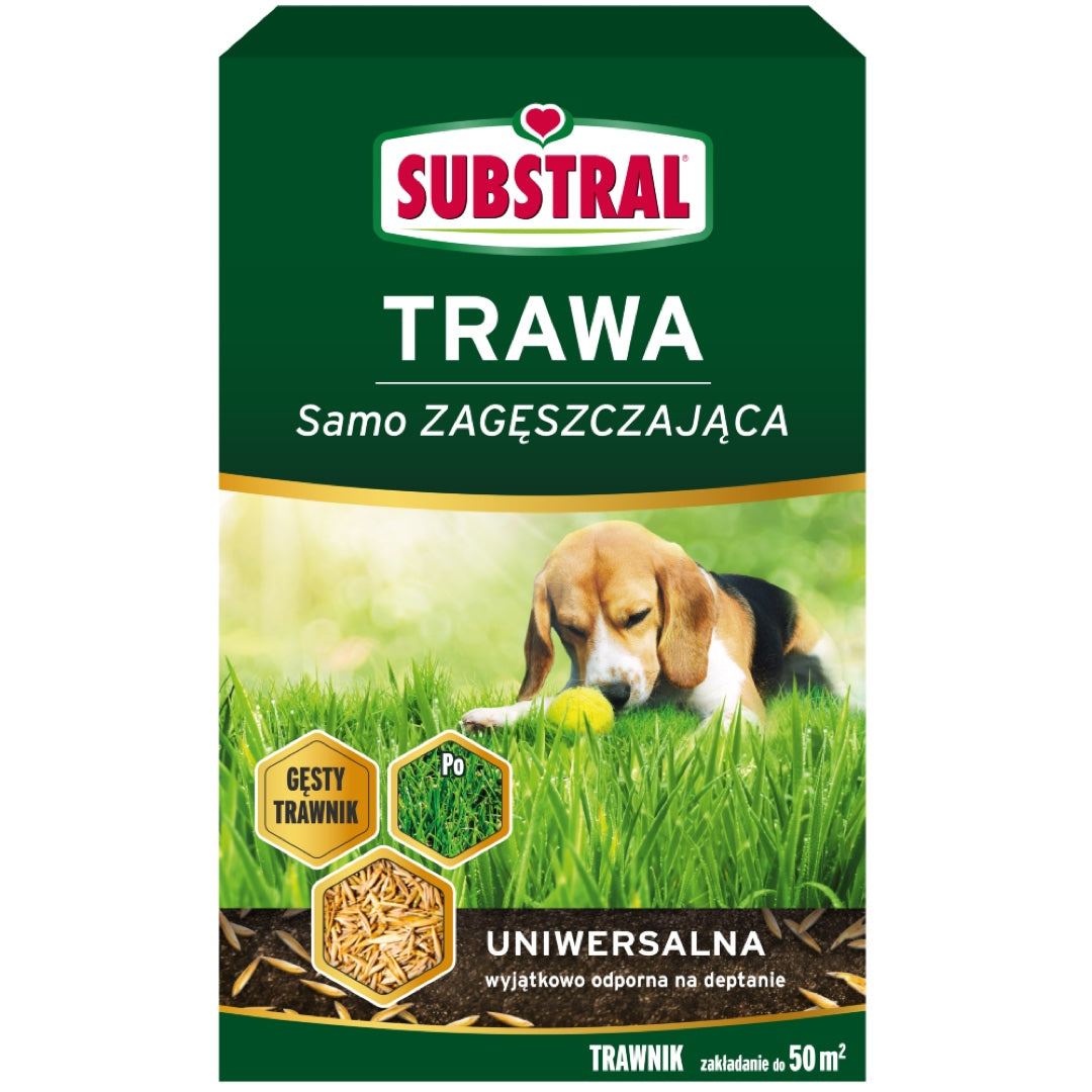 Opakowanie nasion Substral Trawa Samozagęszczająca Uniwersalna, zielone pudełko z psem na trawniku