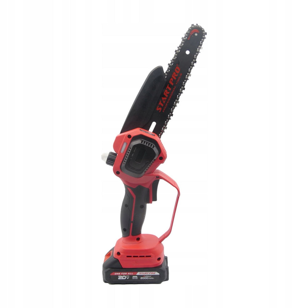 Mini piła akumulatorowa StartPro SBS2-21/8MBX widok z boku z prowadnicą i akumulatorem 20 V