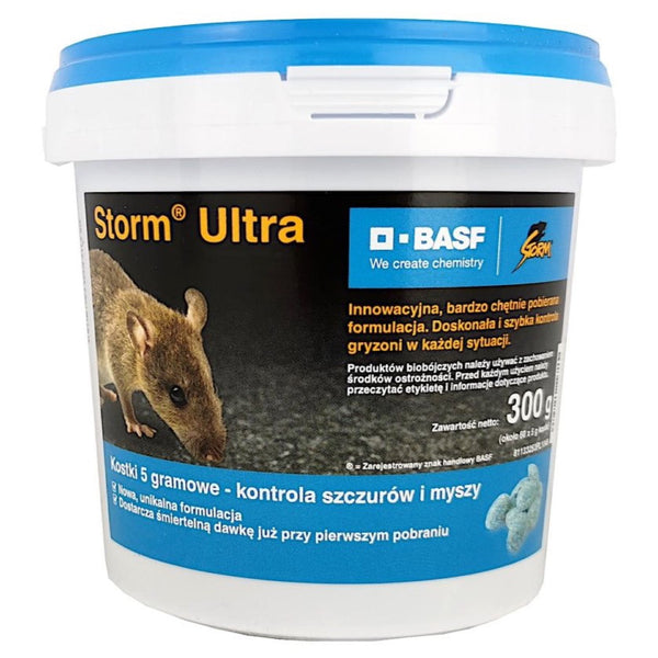 Biało-niebieskie wiaderko Storm Ultra BASF 300 g z kostkami na szczury i myszy