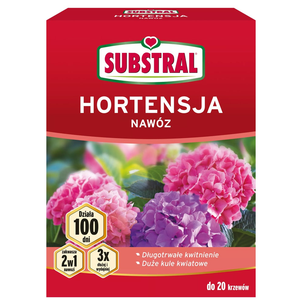 Substral nawóz 100 dni do hortensji 2w1, pudełko 1 kg na białym tle