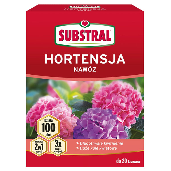 Substral nawóz 100 dni do hortensji 2w1, pudełko 1 kg na białym tle