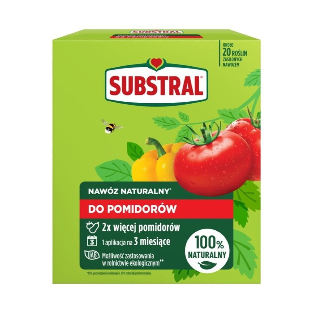 Pudełko 1,2 kg naturalnego nawozu Substral do pomidorów z pomidorami i papryką na zielonym tle