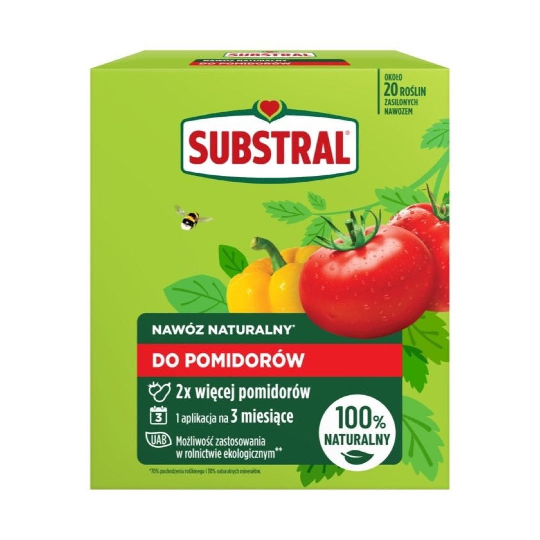 Pudełko 1,2 kg naturalnego nawozu Substral do pomidorów z pomidorami i papryką na zielonym tle