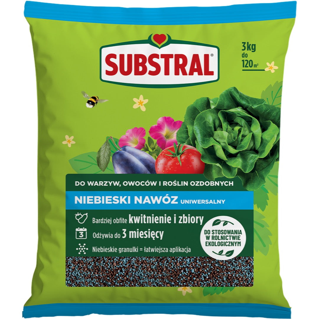 Worek Substral niebieski nawóz uniwersalny 3 kg na białym tle
