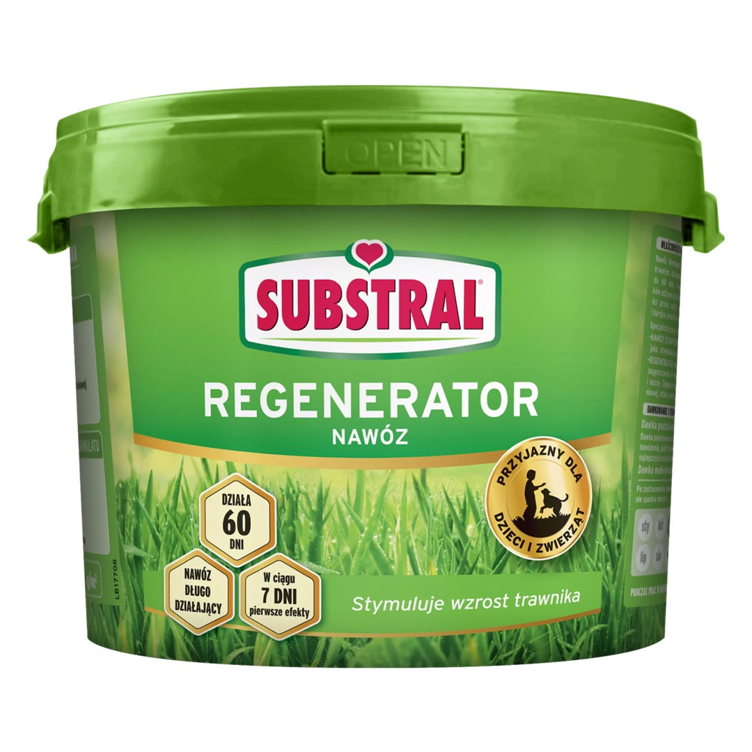 Substral nawóz 60 dni do trawnika Regenerator, zielone wiaderko 5 kg na białym tle