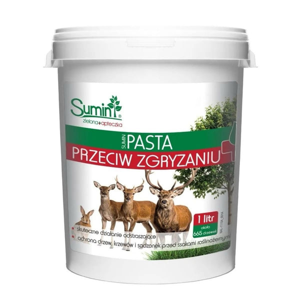 Biały pojemnik 1 l pasty przeciw zgryzaniu Sumin z jeleniami i sarną na etykiecie, na białym tle