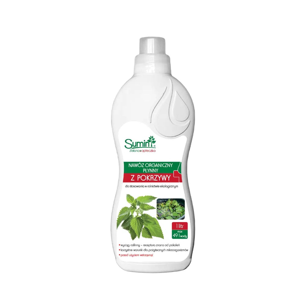 Butelka nawozu organicznego Sumin z pokrzywy 1 l na białym tle