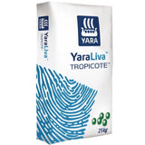 Worek 25 kg saletry wapniowej YaraLiva Tropicote firmy Yara, biało-niebieska grafika