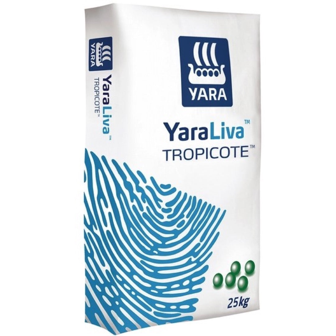 Worek 25 kg saletry wapniowej YaraLiva Tropicote firmy Yara, biało-niebieska grafika