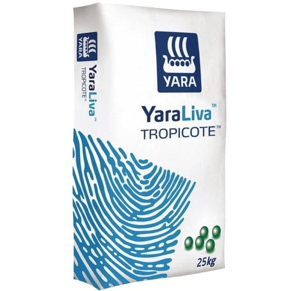 Worek 25 kg saletry wapniowej YaraLiva Tropicote firmy Yara, biało-niebieska grafika
