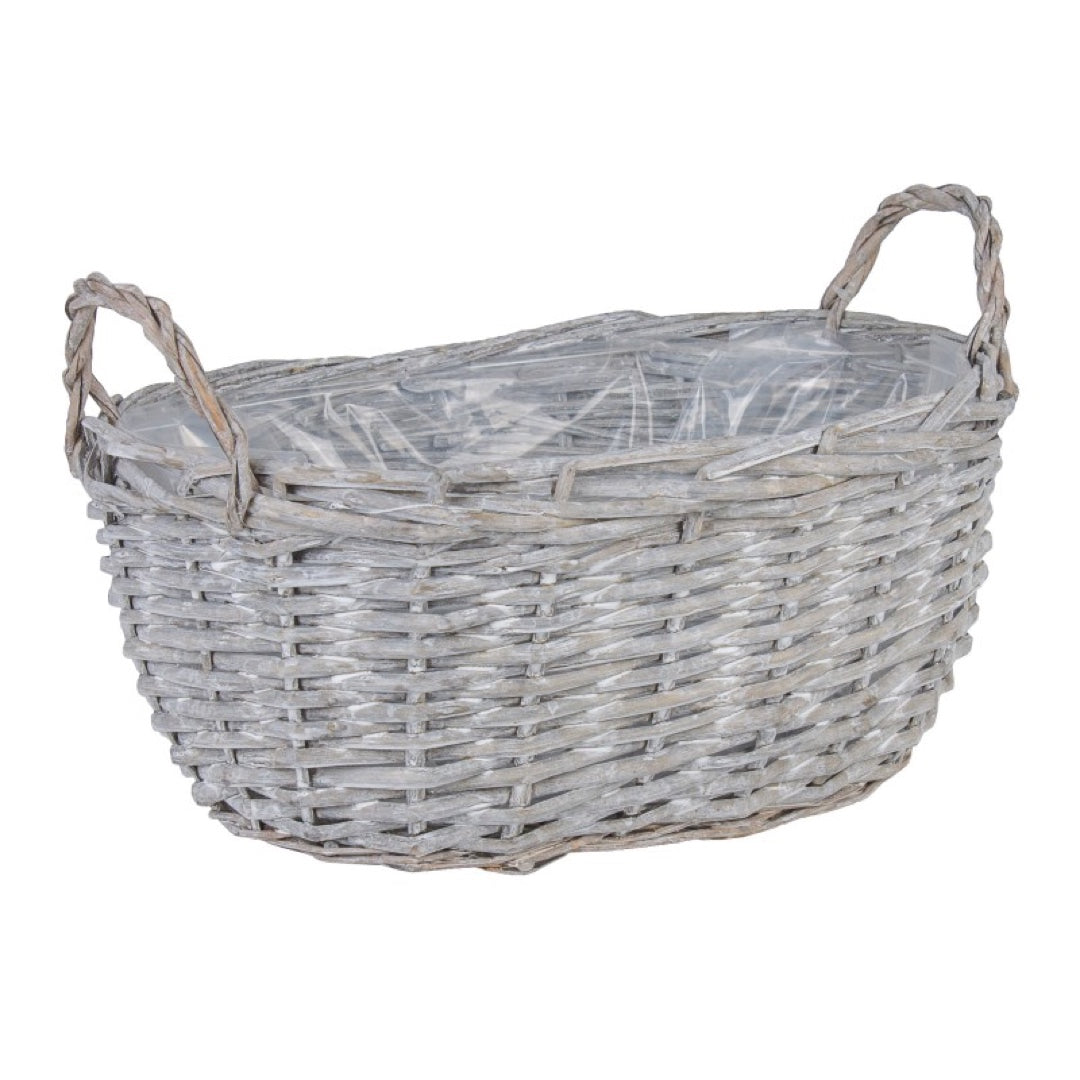 Kosz wiklinowy owalny z uchwytami Tin Tours HD-026, rozmiar M na białym tle