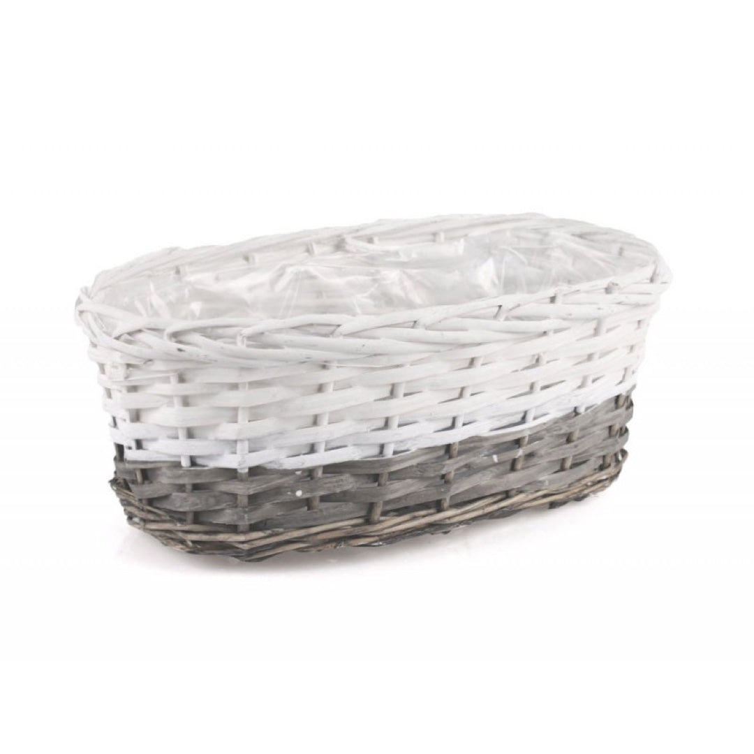 Skrzynka balkonowa wiklinowa owalna z folią Tin Tours HL01886.4, rozmiar 37 cm na białym tle