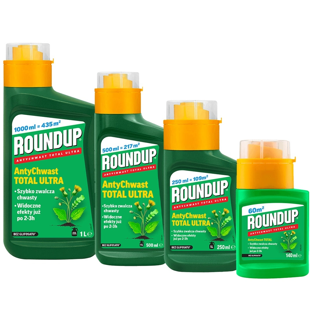 Opakowania koncentratu Roundup AntyChwast Total Ultra: 1000 ml, 500 ml, 250 ml i 140 ml