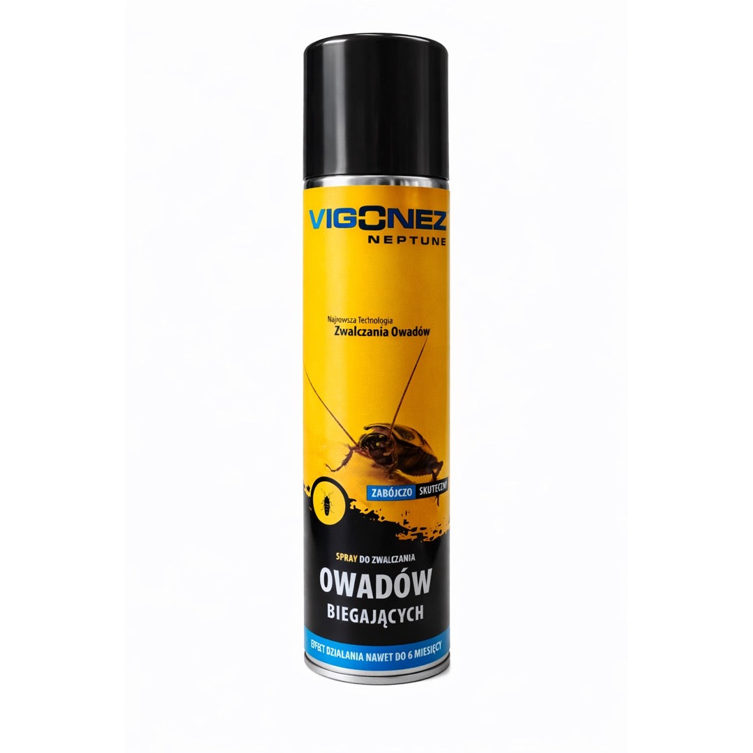 Aerozol Vigonez Neptune spray do zwalczania owadów biegających, żółto-czarna puszka z karaluchem