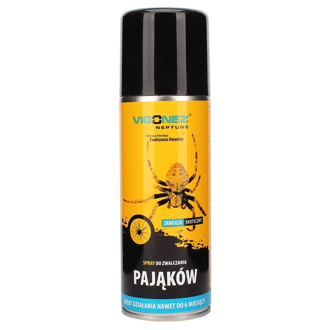 Czarna puszka aerozolu Vigonez Neptune na pająki 200 ml z żółtą etykietą i pająkiem