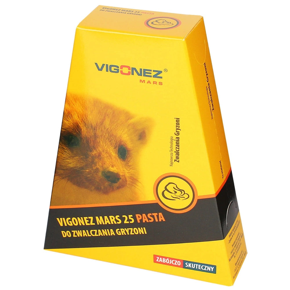 Żółte pudełko Vigonez Mars 25 pasta do zwalczania gryzoni z wizerunkiem kuny na etykiecie