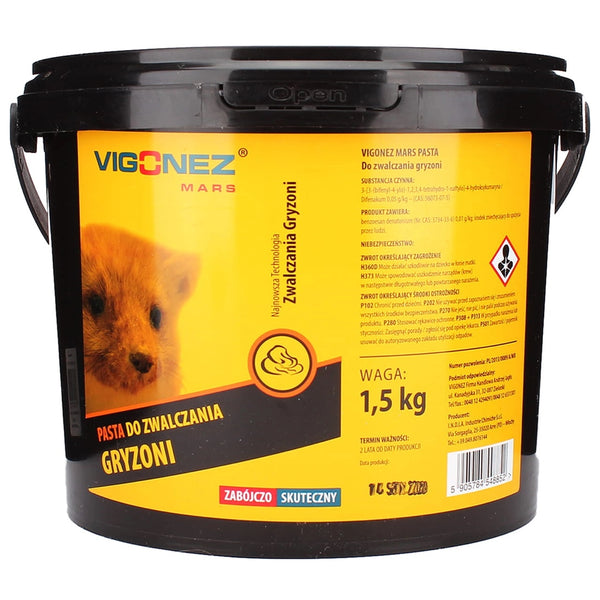 Czarne wiaderko Vigonez Mars pasta do zwalczania gryzoni 1,5 kg z żółtą etykietą