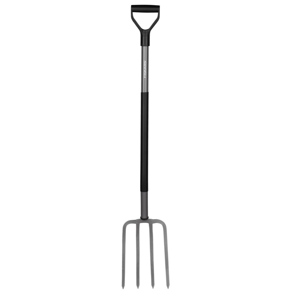 Widły do kopania Fiskars Ergonomic z czarnym uchwytem D i wygiętym trzonkiem